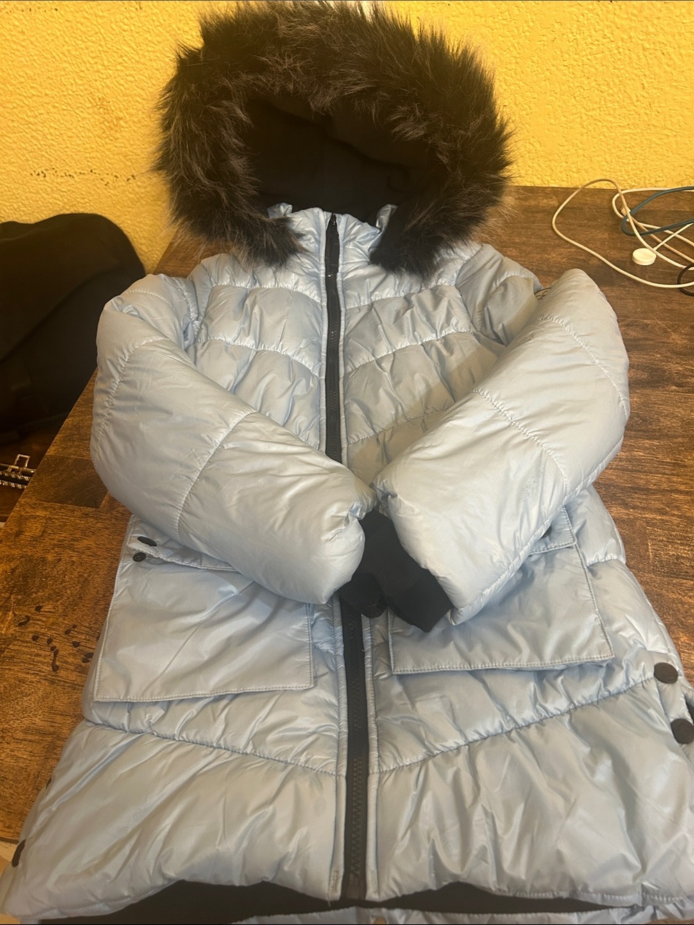 Kids Light Blue Hooded Puffer Coat with Faux Fur Trim